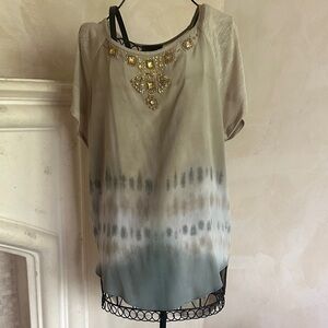 Hale Bob Beige and Gray Beaded silk tshirt